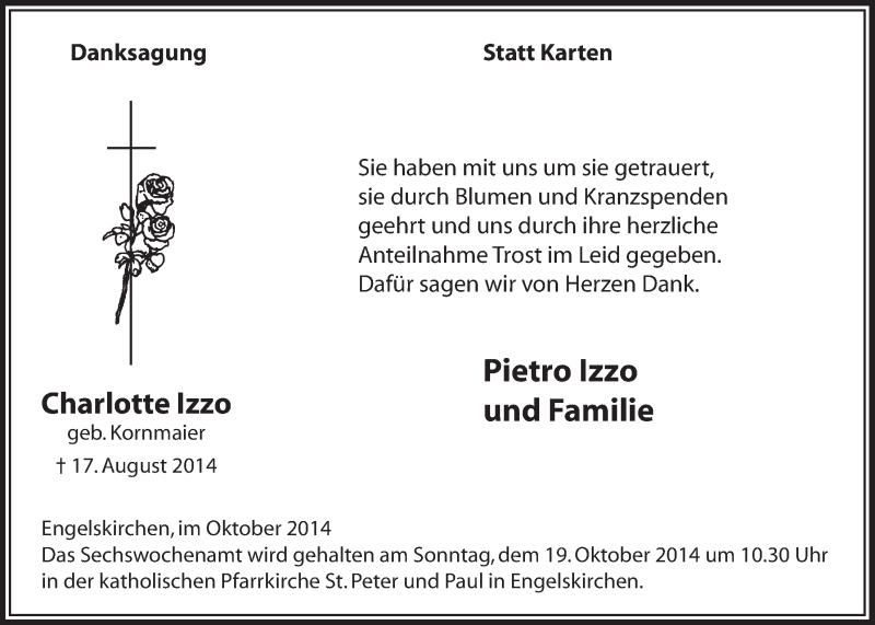  Traueranzeige für Charlotte Izzo vom 08.10.2014 aus  Anzeigen Echo 