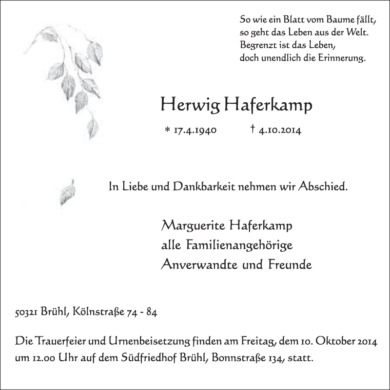  Traueranzeige für Herwig Haferkamp vom 08.10.2014 aus  Schlossbote/Werbekurier 