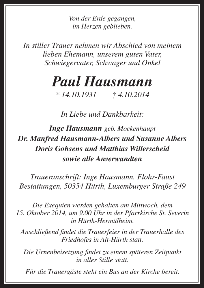  Traueranzeige für Paul Hausmann vom 08.10.2014 aus  Wochenende 