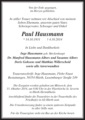 Anzeige von Paul Hausmann von  Wochenende 