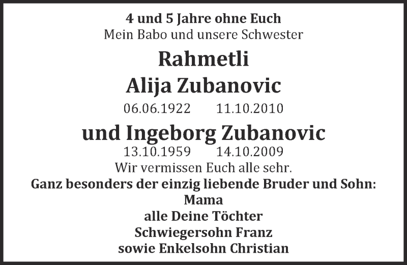  Traueranzeige für Rahmetli Alija und Ingeborg Zubanovic vom 12.10.2014 aus  Blickpunkt Euskirchen 