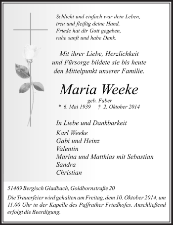 Anzeige von Maria Weeke von  Bergisches Handelsblatt 