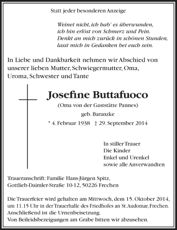 Anzeige von Josefine Buttafuoco von  Sonntags-Post 