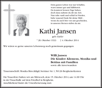 Anzeige von Kathi Jansen von  Sonntags-Post 