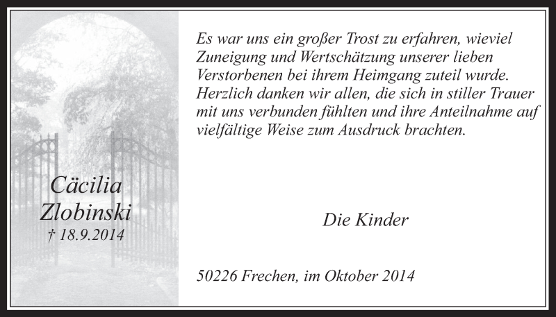  Traueranzeige für Cäcilia Zlobinski vom 15.10.2014 aus  Wochenende 