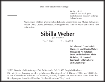 Anzeige von Sibilla Weber von  Bergisches Sonntagsblatt 