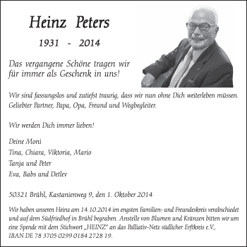 Anzeige von Heinz Peters von  Schlossbote/Werbekurier 
