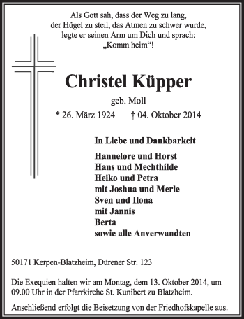 Anzeige von Christel Küpper von  Sonntags-Post 