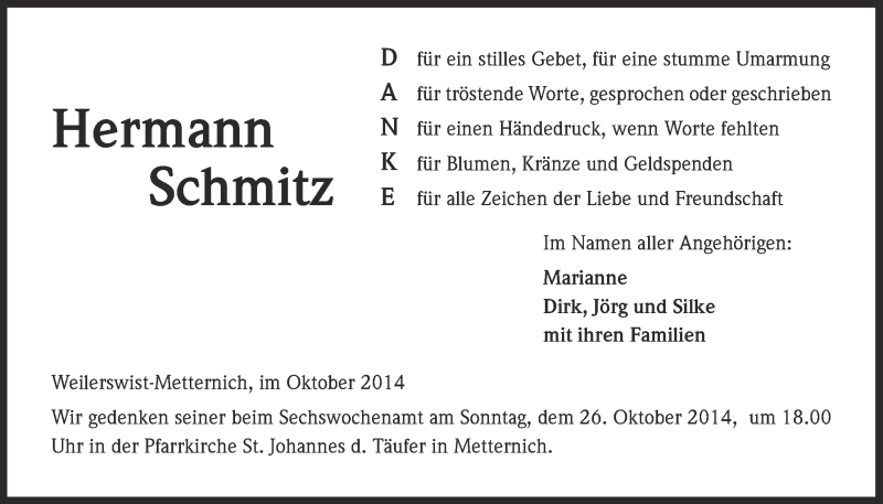  Traueranzeige für Hermann Schmitz vom 19.10.2014 aus  Blickpunkt Euskirchen 