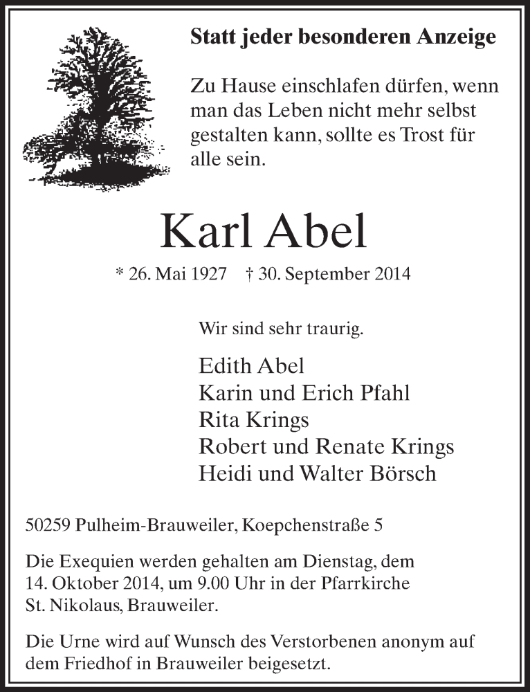  Traueranzeige für Karl Abel vom 11.10.2014 aus  Sonntags-Post 