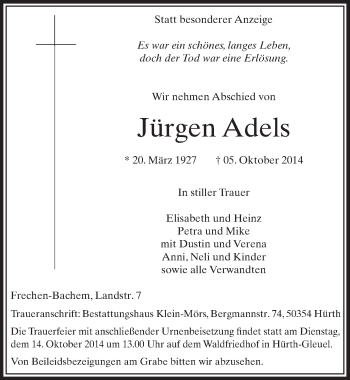 Anzeige von Jürgen Adels von  Sonntags-Post 