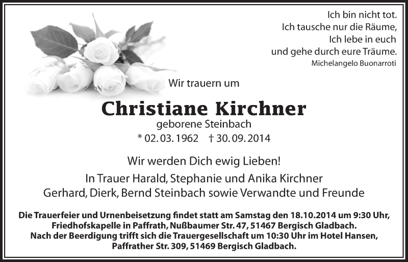  Traueranzeige für Christiane Kirchner vom 15.10.2014 aus  Bergisches Handelsblatt 