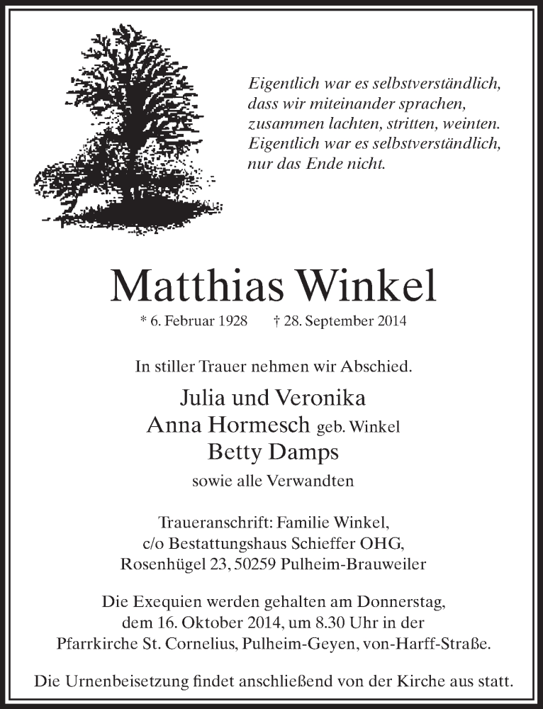  Traueranzeige für Matthias Winkel vom 11.10.2014 aus  Sonntags-Post 