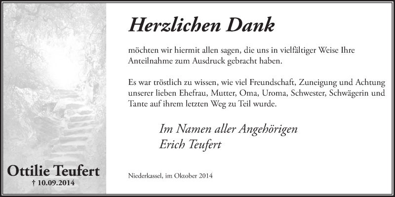  Traueranzeige für Ottilie Teufert vom 11.10.2014 aus  Rhein-Sieg-Wochenende 