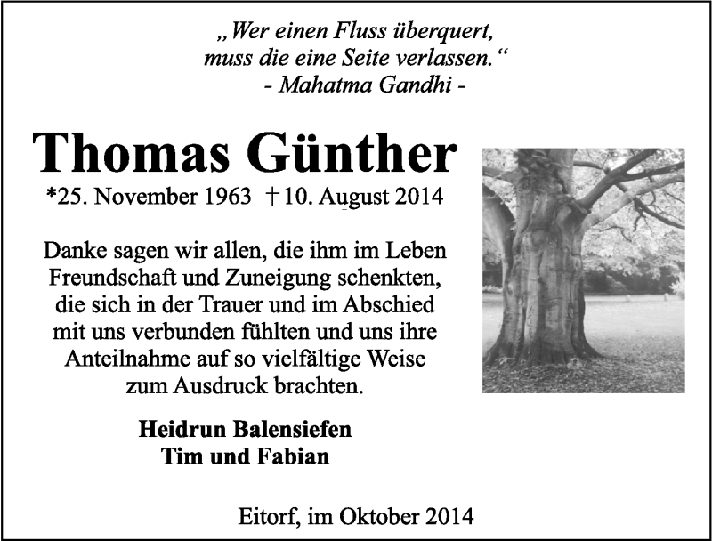  Traueranzeige für Thomas Günther vom 15.10.2014 aus  Extra Blatt 