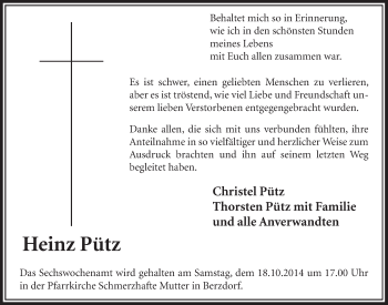 Anzeige von Heinz Pütz von  Schlossbote/Werbekurier 