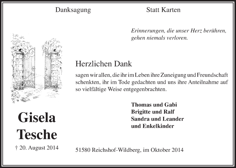  Traueranzeige für Gisela Tesche vom 15.10.2014 aus  Anzeigen Echo 