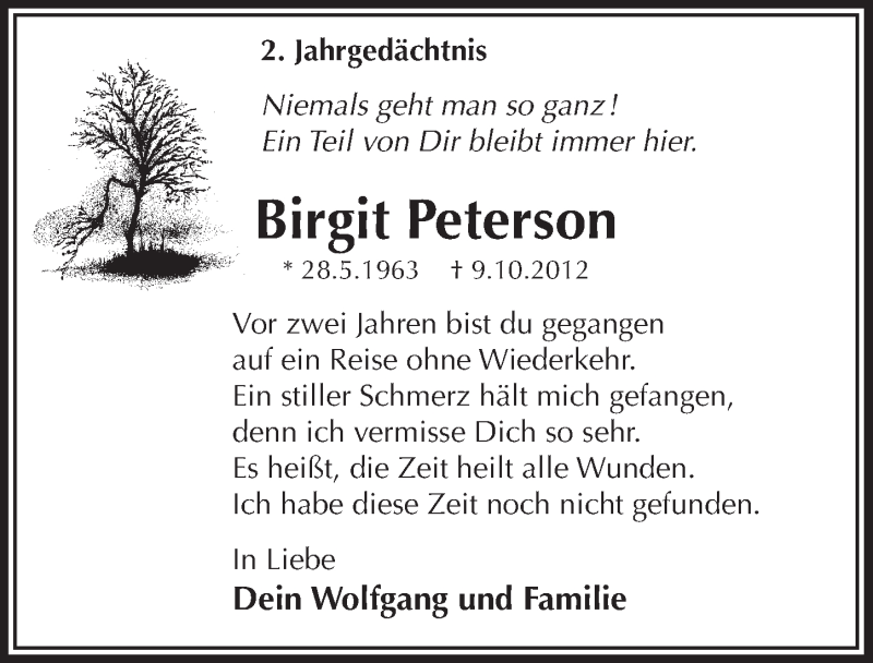  Traueranzeige für Birgit Peterson vom 11.10.2014 aus  Bergisches Sonntagsblatt 