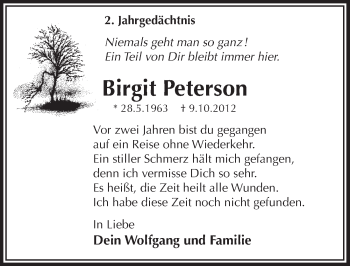 Anzeige von Birgit Peterson von  Bergisches Sonntagsblatt 