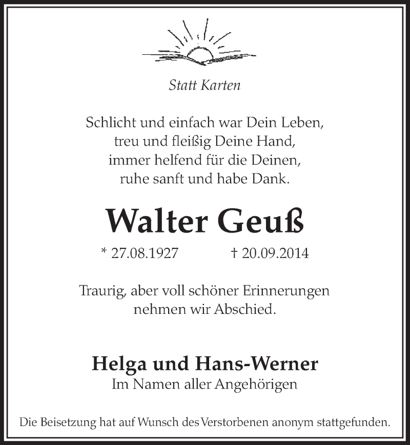  Traueranzeige für Walter Geuß vom 11.10.2014 aus  Sonntags-Post 