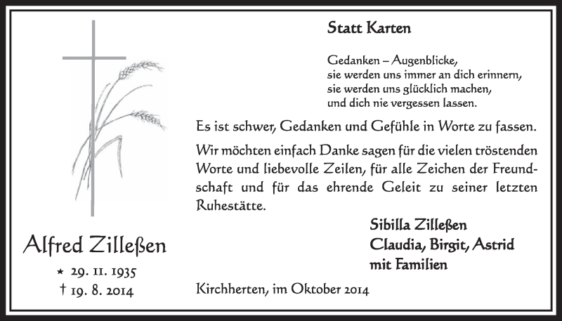  Traueranzeige für Alfred Zilleßen vom 11.10.2014 aus  Sonntags-Post 
