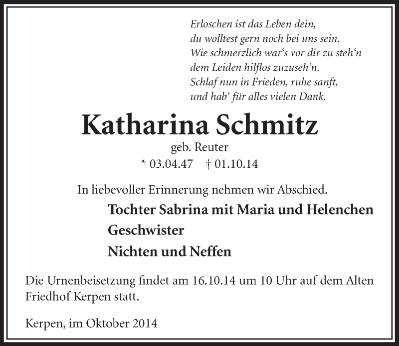  Traueranzeige für Katharina Schmitz vom 11.10.2014 aus  Sonntags-Post 