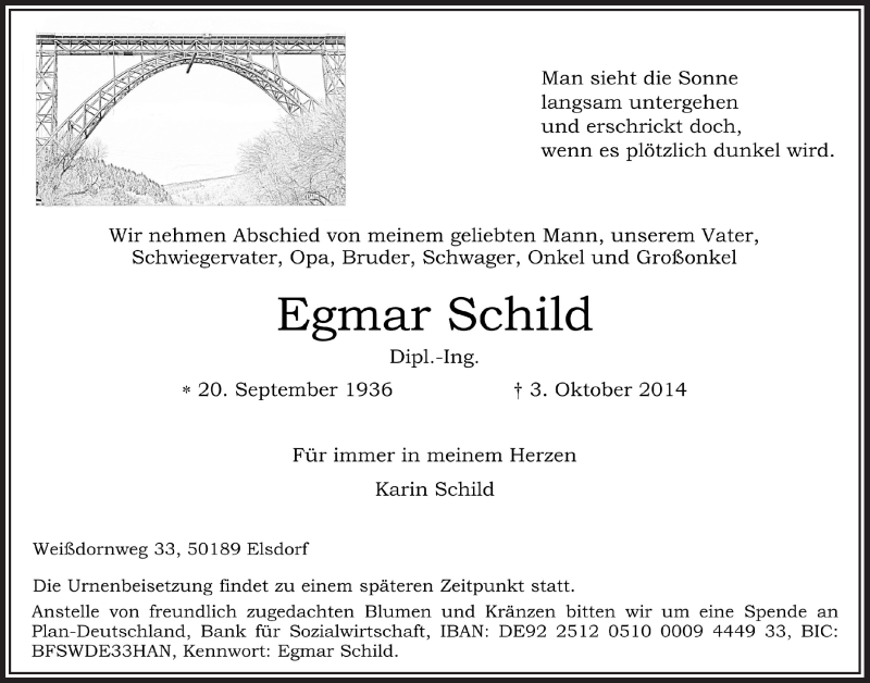  Traueranzeige für Egmar Schild vom 11.10.2014 aus  Sonntags-Post 