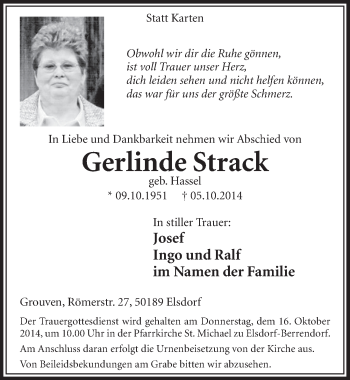 Anzeige von Gerlinde Strack von  Sonntags-Post 