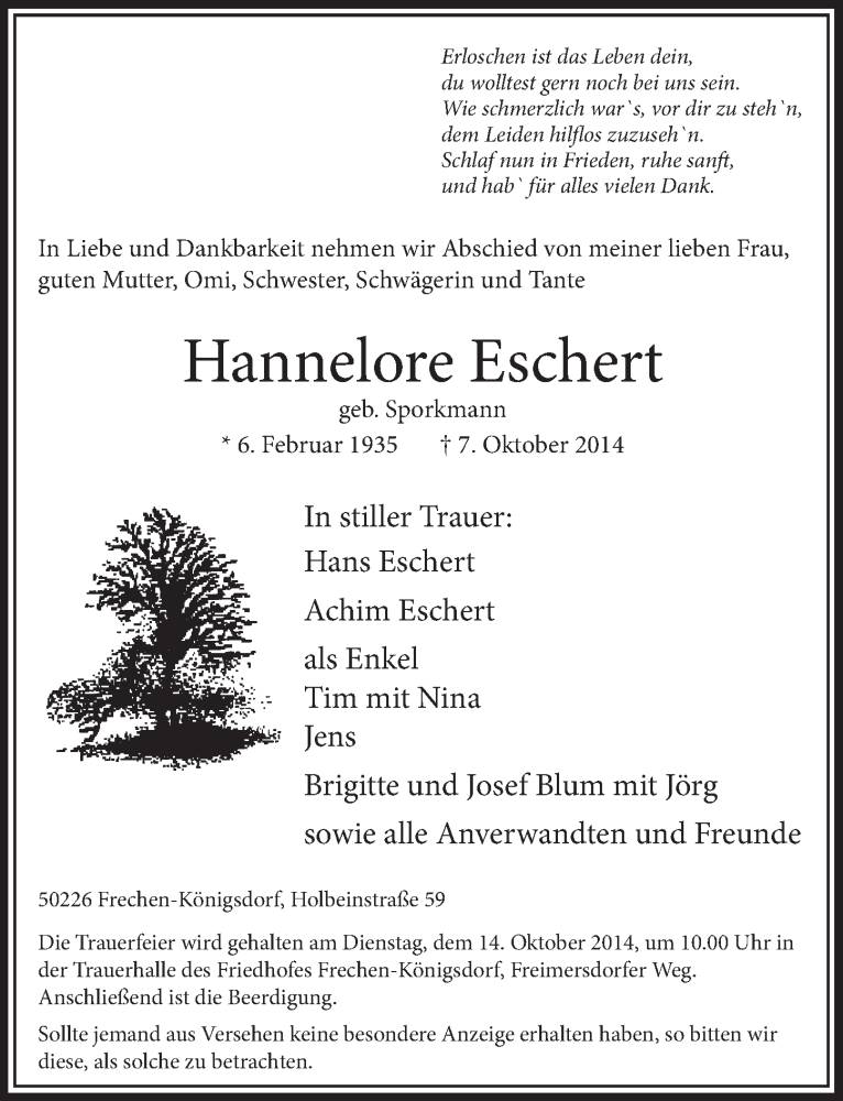  Traueranzeige für Hannelore Eschert vom 11.10.2014 aus  Sonntags-Post 