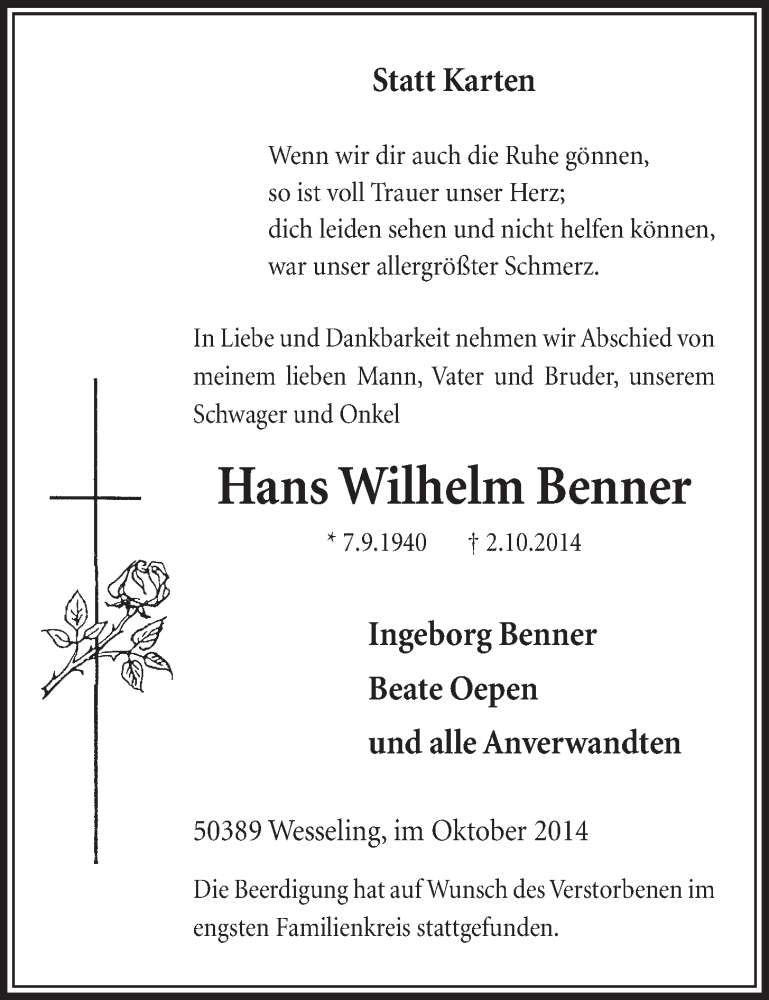  Traueranzeige für Hans Wilhelm Benner vom 15.10.2014 aus  Schlossbote/Werbekurier 