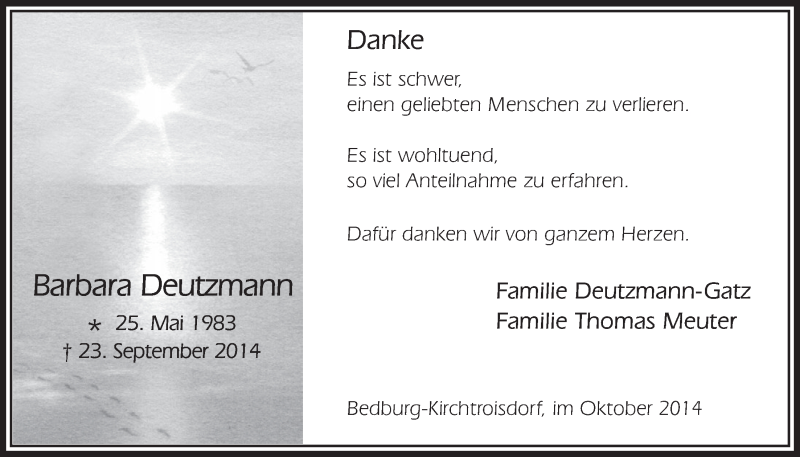  Traueranzeige für Barbara Deutzmann vom 15.10.2014 aus  Werbepost 