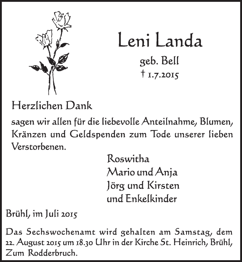  Traueranzeige für Leni Landa vom 22.07.2015 aus  Schlossbote/Werbekurier 