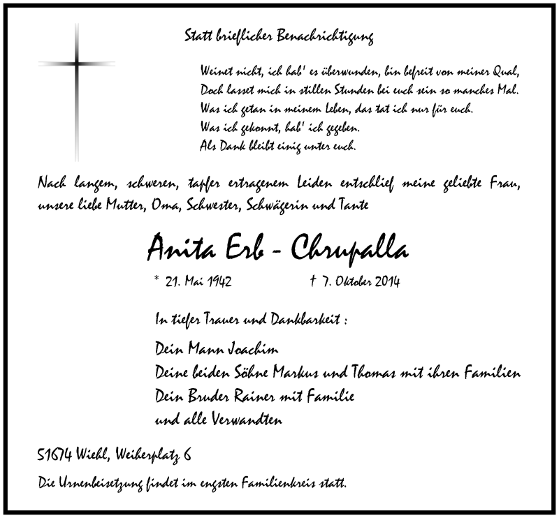  Traueranzeige für Anita Erb-Chrupalla vom 15.10.2014 aus  Anzeigen Echo 