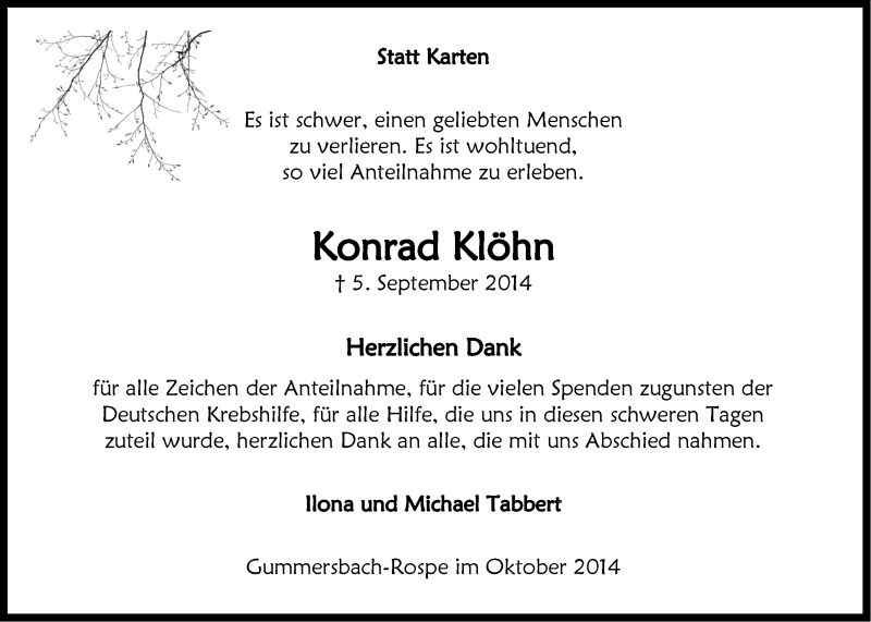  Traueranzeige für Konrad Klöhn vom 15.10.2014 aus  Anzeigen Echo 