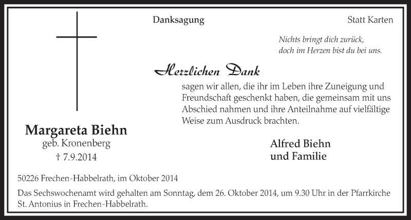  Traueranzeige für Margareta Biehn vom 11.10.2014 aus  Sonntags-Post 