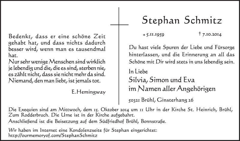  Traueranzeige für Stephan Schmitz vom 15.10.2014 aus  Schlossbote/Werbekurier 