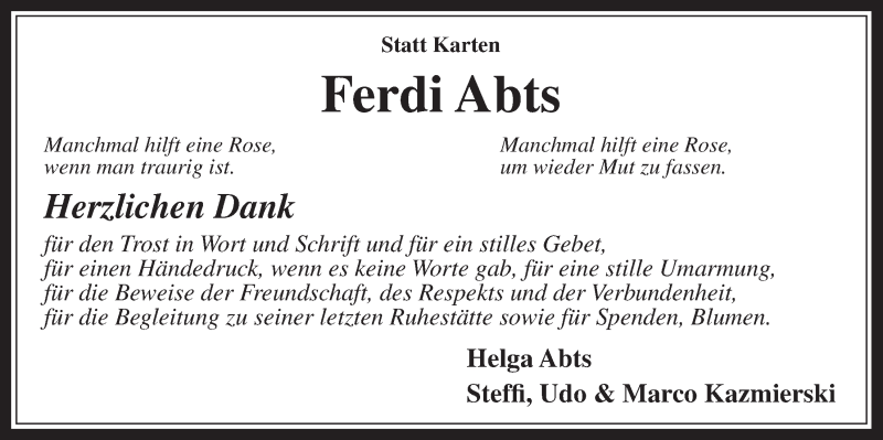  Traueranzeige für Ferdi Abts vom 11.10.2014 aus  Sonntags-Post 