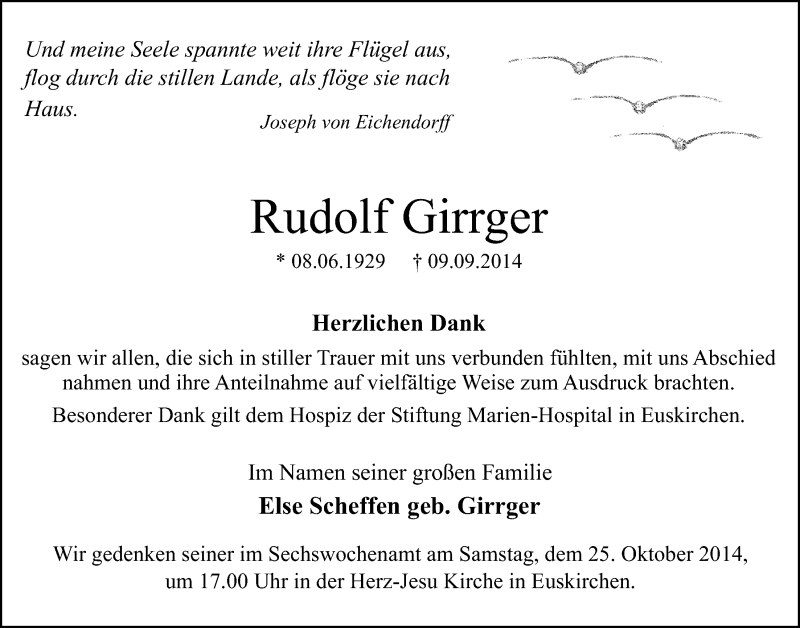  Traueranzeige für Rudolf Girrger vom 12.10.2014 aus  Blickpunkt Euskirchen 