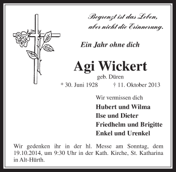 Anzeige von Agi Wickert von  Wochenende 