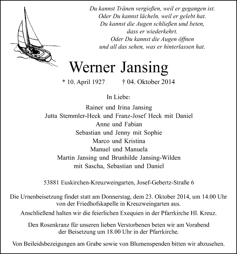  Traueranzeige für Werner Jansing vom 12.10.2014 aus  Blickpunkt Euskirchen 