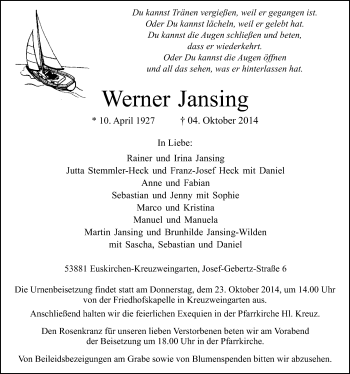 Anzeige von Werner Jansing von  Blickpunkt Euskirchen 