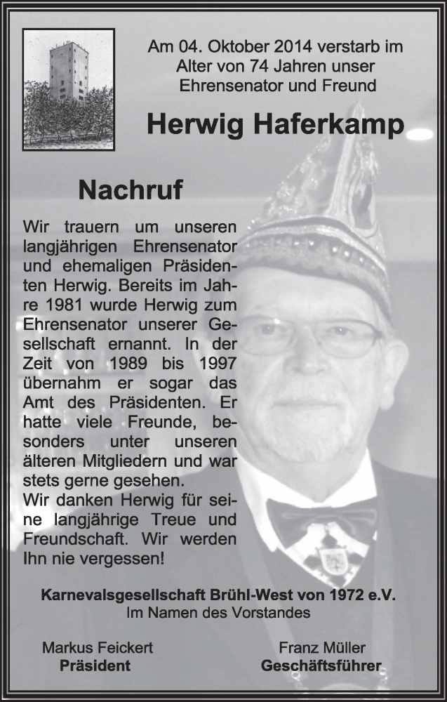  Traueranzeige für Herwig Haferkamp vom 15.10.2014 aus  Schlossbote/Werbekurier 