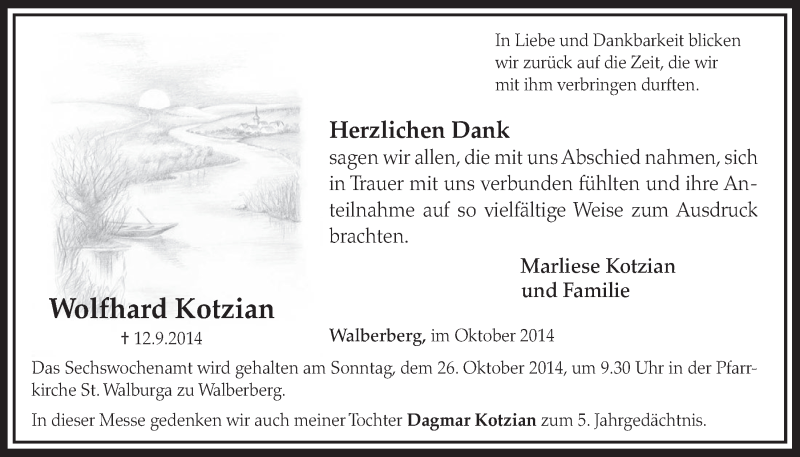  Traueranzeige für Wolfhard Kotzian vom 15.10.2014 aus  Schlossbote/Werbekurier 