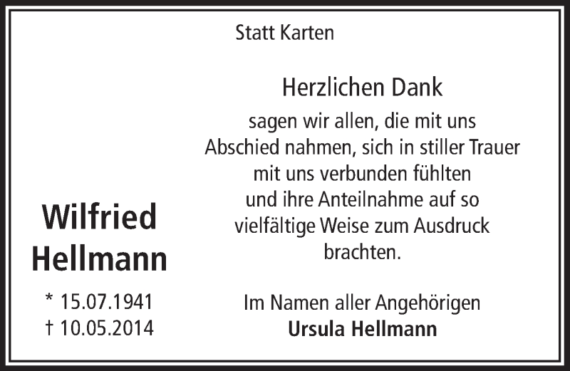  Traueranzeige für Wilfried Hellmann vom 15.10.2014 aus  Lokalanzeiger 