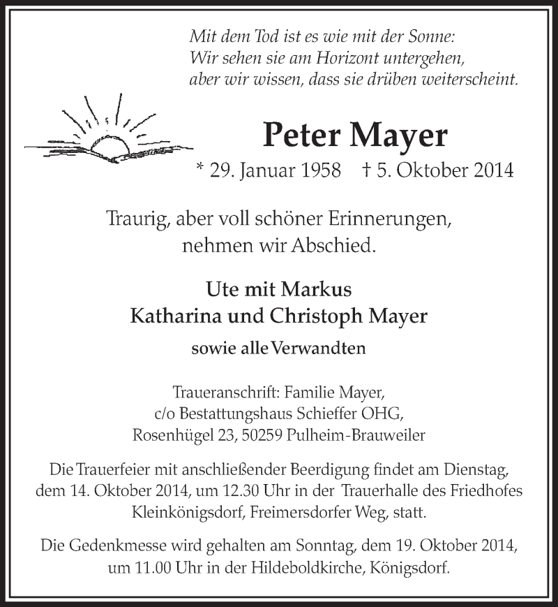  Traueranzeige für Peter Mayer vom 11.10.2014 aus  Sonntags-Post 