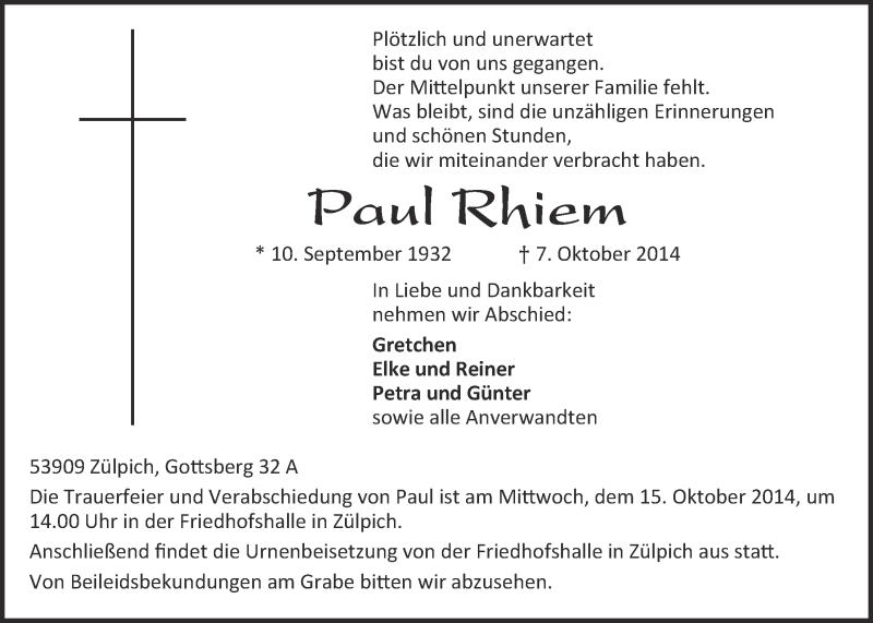  Traueranzeige für Paul Rhiem vom 12.10.2014 aus  Blickpunkt Euskirchen 