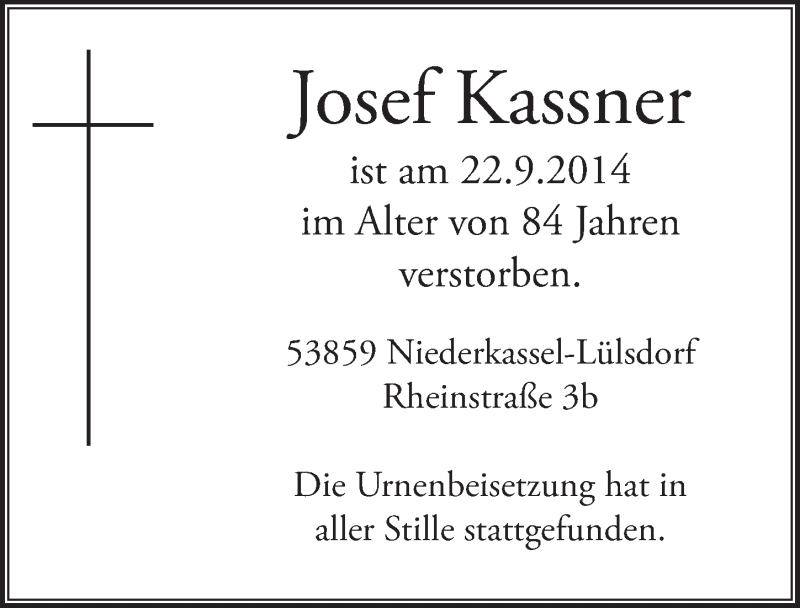  Traueranzeige für Josef Kassner vom 15.10.2014 aus  Extra Blatt 