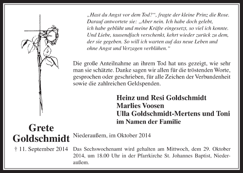  Traueranzeige für Grete Goldschmidt vom 15.10.2014 aus  Werbepost 