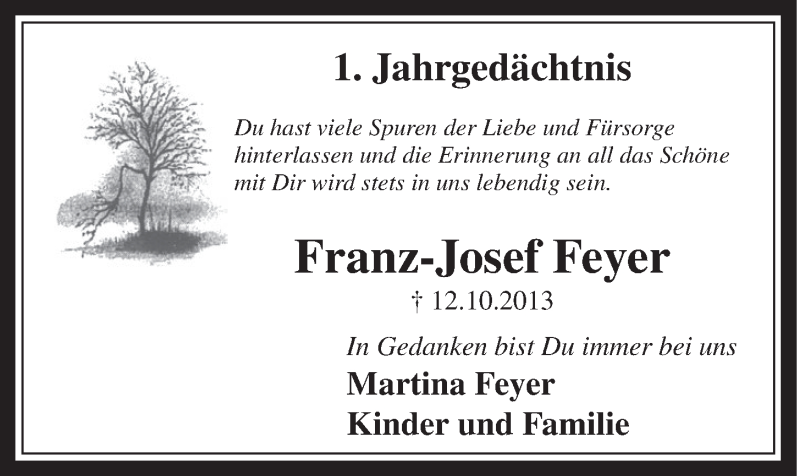  Traueranzeige für Franz-Josef Feyer vom 15.10.2014 aus  Schaufenster/Blickpunkt 