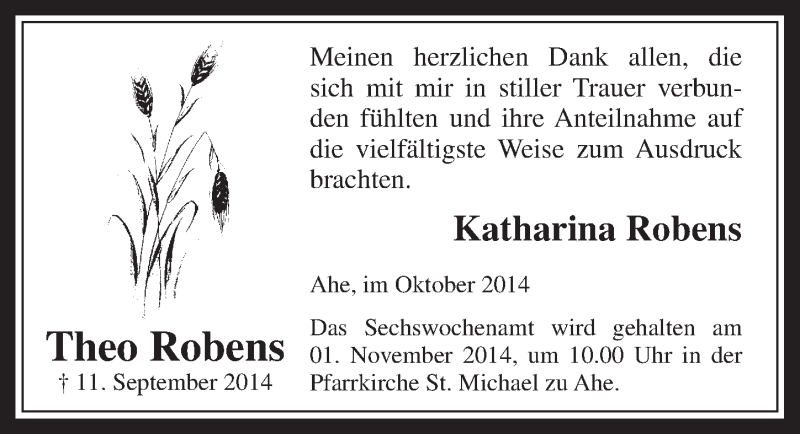  Traueranzeige für Theo Robens vom 22.10.2014 aus  Werbepost 